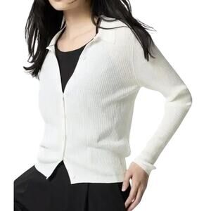 Uniqlo White Ribbed Knit Collared Rayon Button Up Shirt Light Cardigan size M